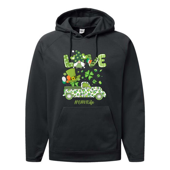 Gnome Shamrock Truck Love EMT Life Nurse St Patricks Day Performance Fleece Hoodie