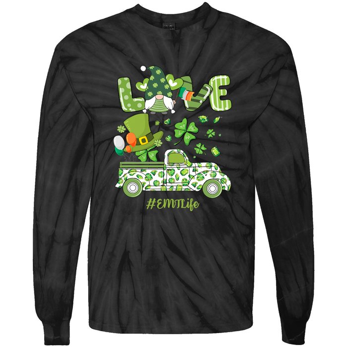 Gnome Shamrock Truck Love EMT Life Nurse St Patricks Day Tie-Dye Long Sleeve Shirt