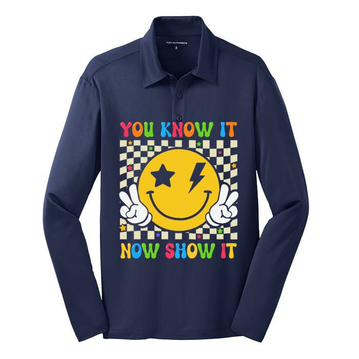 Groovy State Testing Day Teacher You Know It Now Show It Silk Touch Performance Long Sleeve Polo