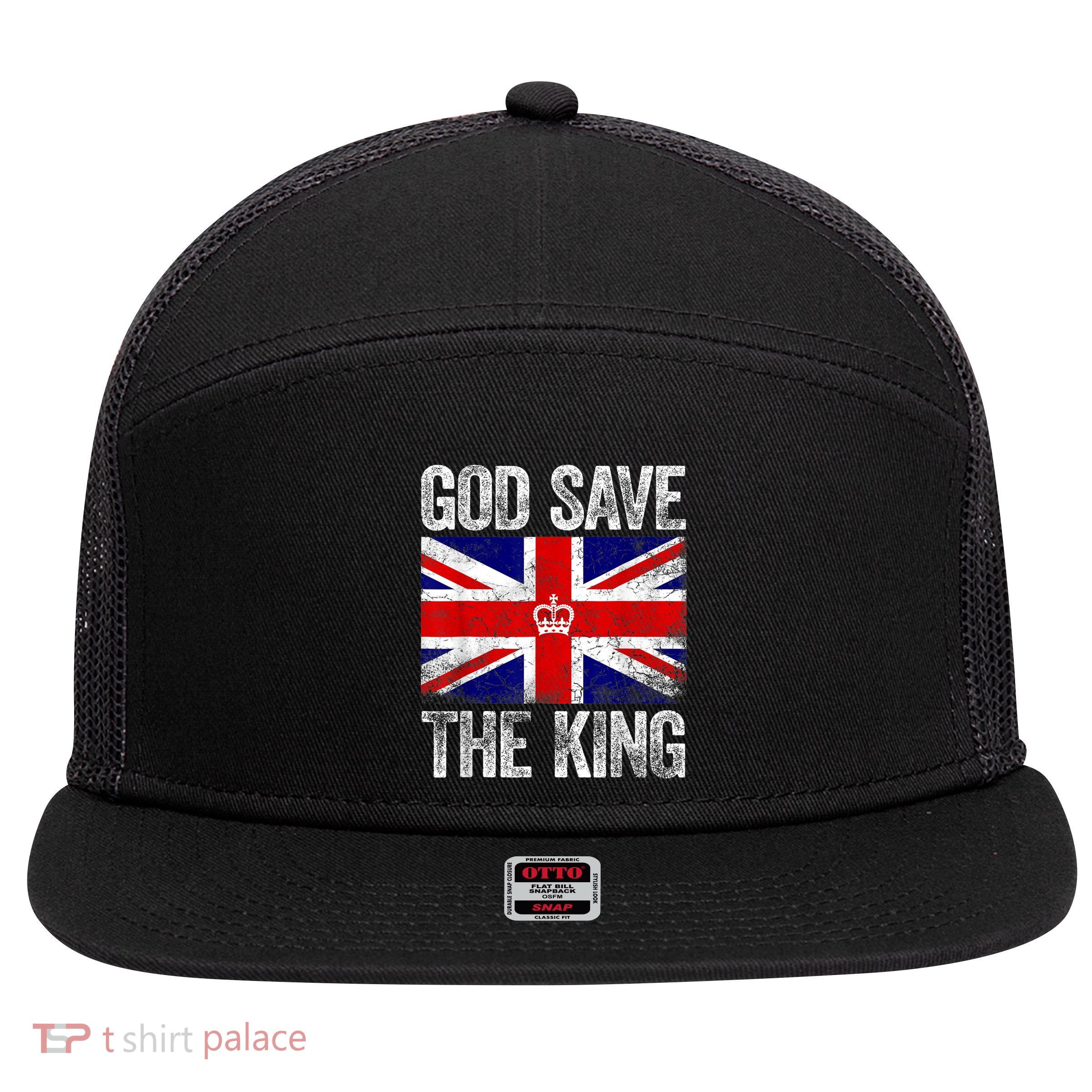 God Save The King Charles III Tee UK Flag Top King Charles Retro 7 Panel Mesh Trucker Snapback Hat