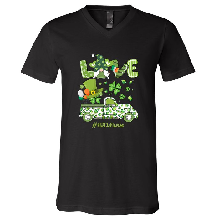 Gnome Shamrock Truck Love NICU Nurse Nursing St Patricks Day V-Neck T-Shirt