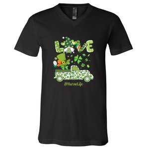 Gnome Shamrock Truck Love Nurse Life Nursing St Patricks Day V-Neck T-Shirt