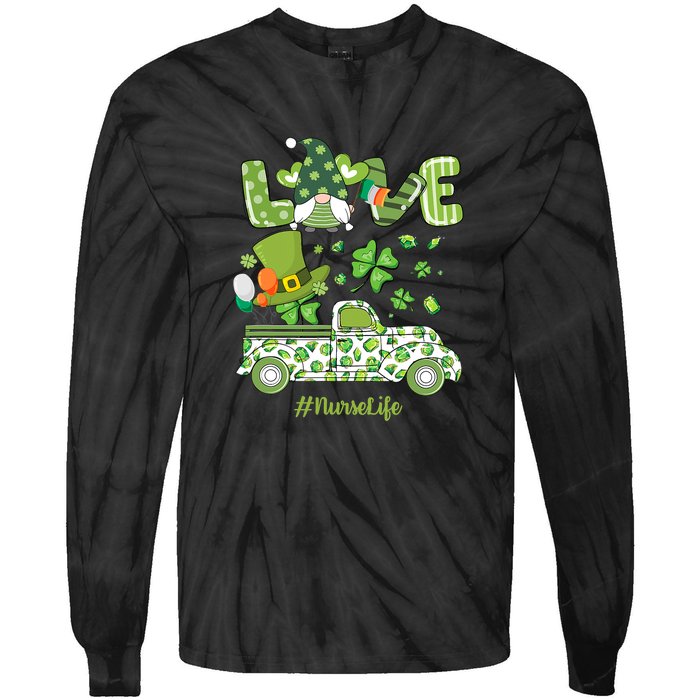 Gnome Shamrock Truck Love Nurse Life Nursing St Patricks Day Tie-Dye Long Sleeve Shirt