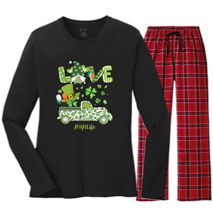 Gnome Shamrock Truck Love RN Life Nurse St Patricks Women's Long Sleeve Flannel Pajama Set 