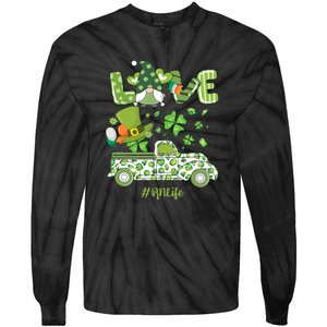 Gnome Shamrock Truck Love RN Life Nurse St Patricks Tie-Dye Long Sleeve Shirt