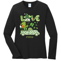 Gnome Shamrock Truck Love RN Life Nurse St Patricks Ladies Long Sleeve Shirt