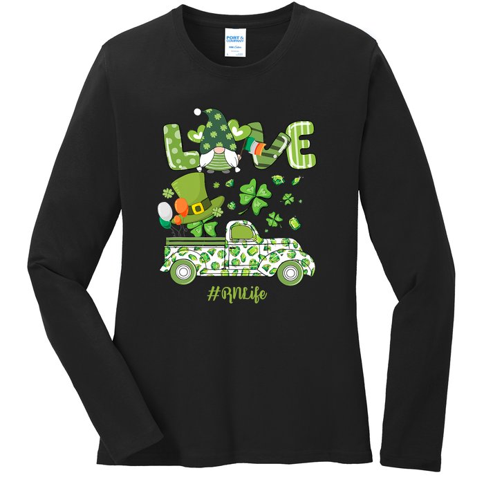 Gnome Shamrock Truck Love RN Life Nurse St Patricks Ladies Long Sleeve Shirt