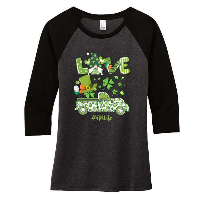 Gnome Shamrock Truck Love RN Life Nurse St Patricks Women's Tri-Blend 3/4-Sleeve Raglan Shirt