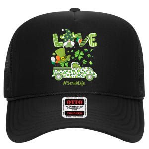 Gnome Shamrock Truck Love Scrub Life Nurse St Patricks Day High Crown Mesh Back Trucker Hat