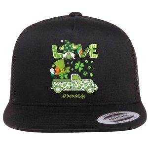 Gnome Shamrock Truck Love Scrub Life Nurse St Patricks Day Flat Bill Trucker Hat