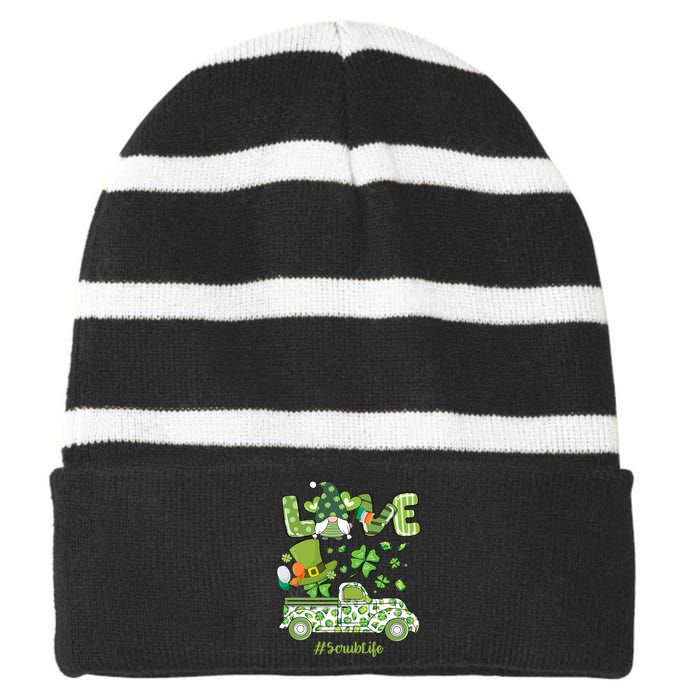 Gnome Shamrock Truck Love Scrub Life Nurse St Patricks Day Striped Beanie with Solid Band