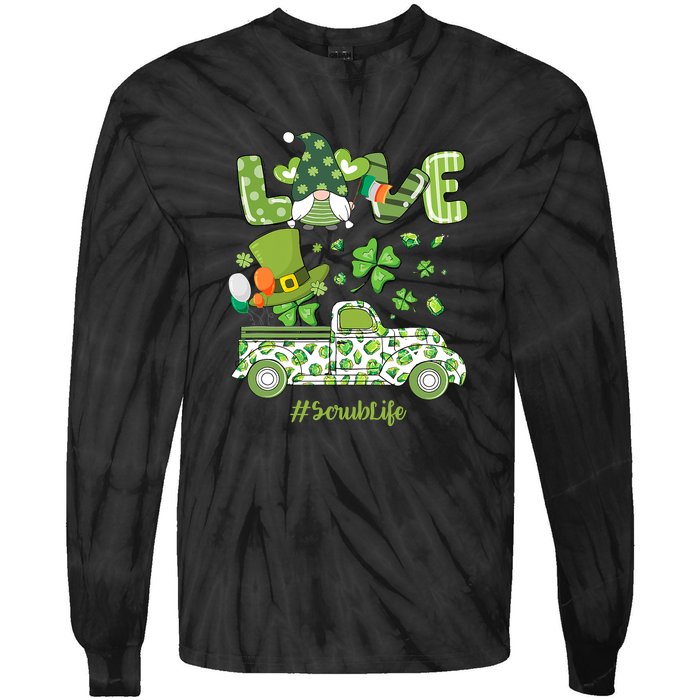 Gnome Shamrock Truck Love Scrub Life Nurse St Patricks Day Tie-Dye Long Sleeve Shirt