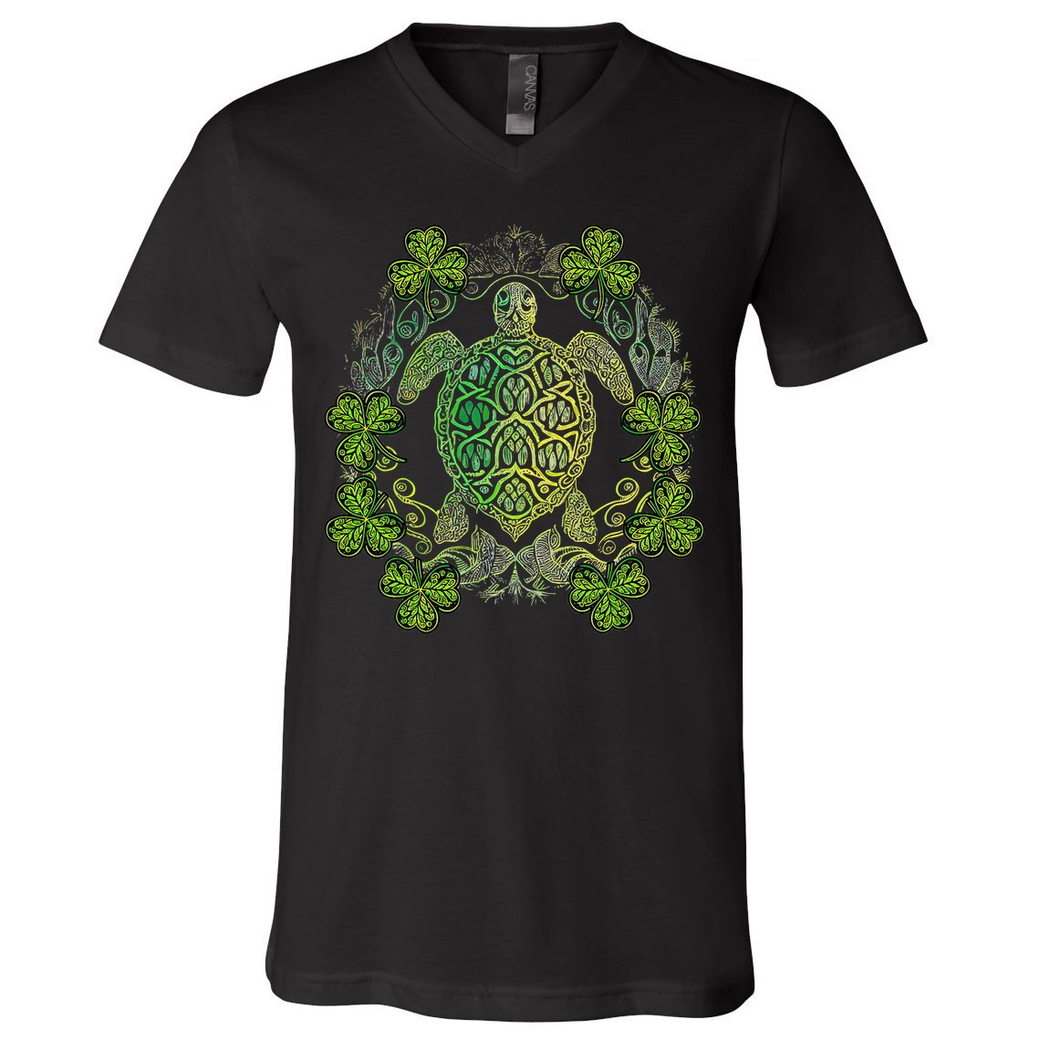 Green Sea Turtle Mandala Irish Shamrock Clover St Patricks V-Neck T-Shirt