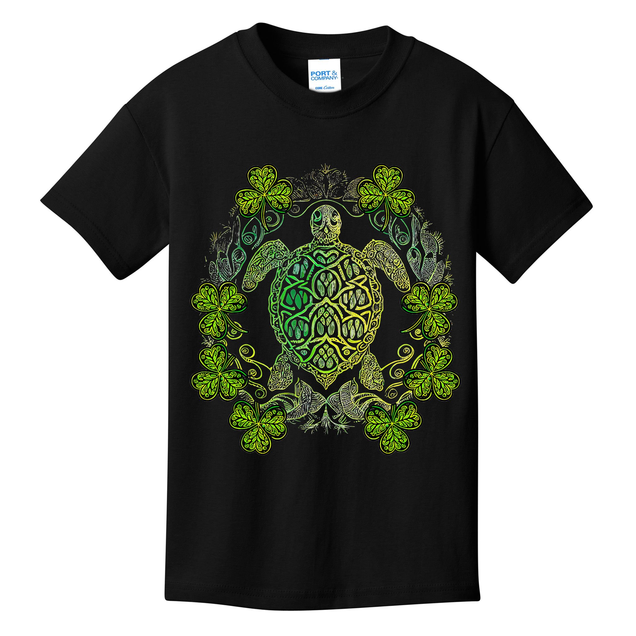 Green Sea Turtle Mandala Irish Shamrock Clover St Patricks Kids T-Shirt