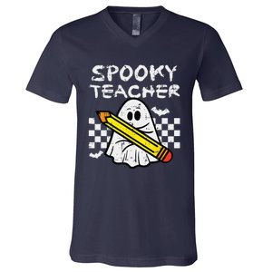 Ghost Spooky Teacher Retro Teach Halloween Costume Women V-Neck T-Shirt