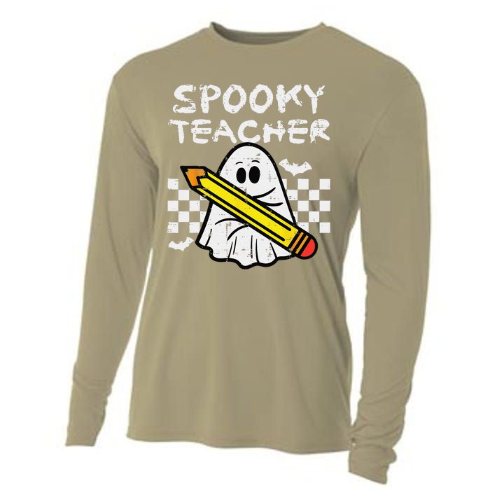 Ghost Spooky Teacher Retro Teach Halloween Costume Women Cooling Performance Long Sleeve Crew