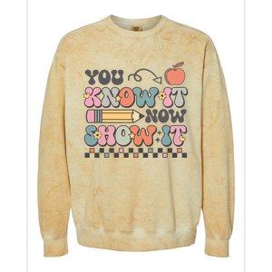 Groovy State Testing Day Teacher You Know It Now Show It Colorblast Crewneck Sweatshirt