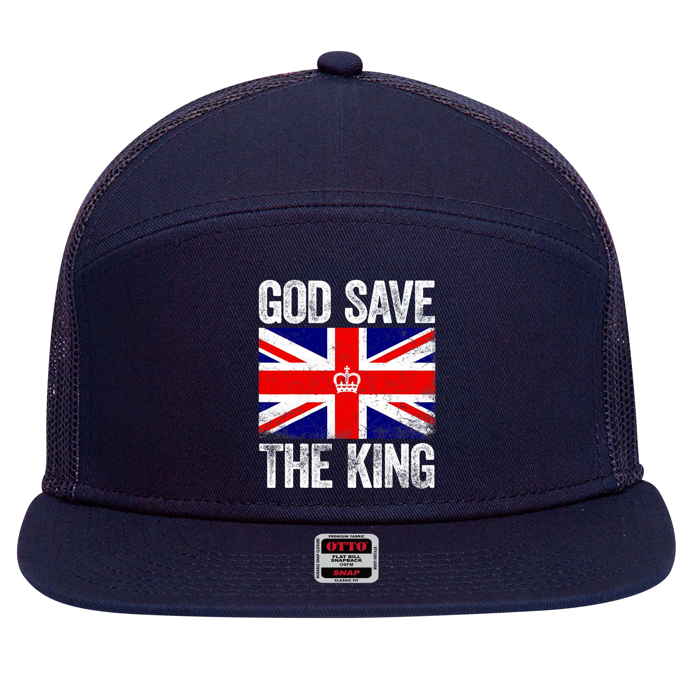 God Save The King Charles III Tee UK Flag Top King Charles 7 Panel Mesh Trucker Snapback Hat
