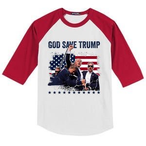 God Save Trump 2024 Fist Rally Trump Rally 2024 Kids Colorblock Raglan Jersey