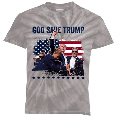 God Save Trump 2024 Fist Rally Trump Rally 2024 Kids Tie-Dye T-Shirt