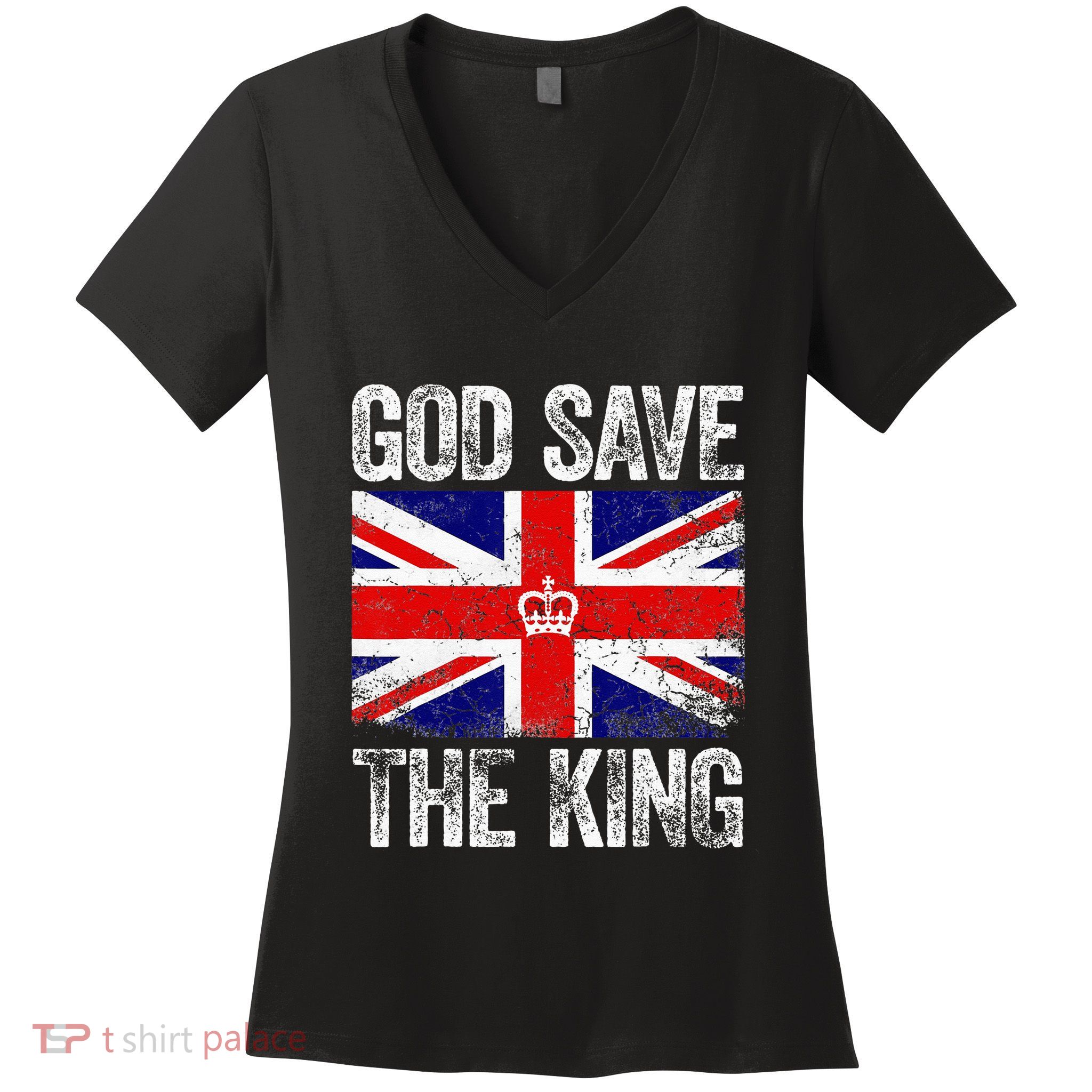 God Save The King Charles III Tee UK Flag Top King Charles Women's V-Neck T-Shirt