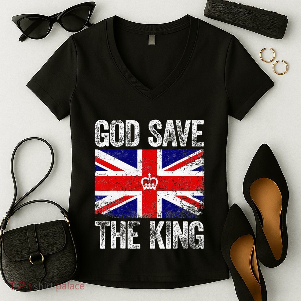 God Save The King Charles III Tee UK Flag Top King Charles Women's V-Neck T-Shirt