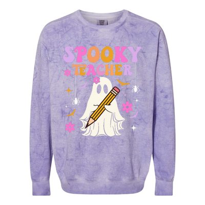 Groovy Spooky Teacher With Bat Ghost Funny Halloween Colorblast Crewneck Sweatshirt