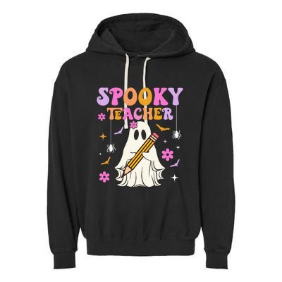 Groovy Spooky Teacher With Bat Ghost Funny Halloween Garment-Dyed Fleece Hoodie