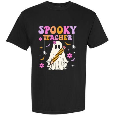 Groovy Spooky Teacher With Bat Ghost Funny Halloween Garment-Dyed Heavyweight T-Shirt