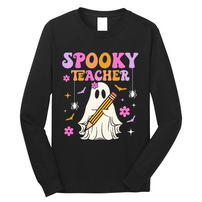 Groovy Spooky Teacher With Bat Ghost Funny Halloween Long Sleeve Shirt