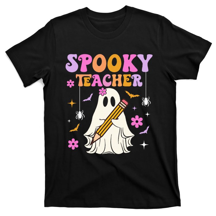 Groovy Spooky Teacher With Bat Ghost Funny Halloween T-Shirt