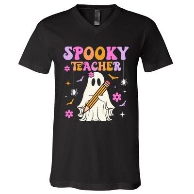 Groovy Spooky Teacher With Bat Ghost Funny Halloween V-Neck T-Shirt