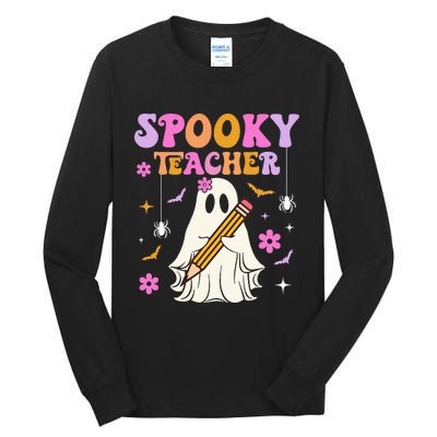 Groovy Spooky Teacher With Bat Ghost Funny Halloween Tall Long Sleeve T-Shirt