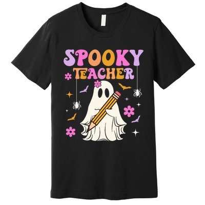 Groovy Spooky Teacher With Bat Ghost Funny Halloween Premium T-Shirt