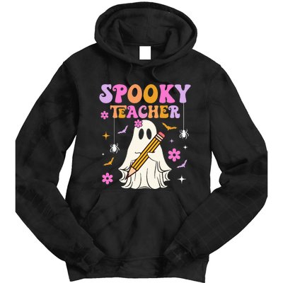 Groovy Spooky Teacher With Bat Ghost Funny Halloween Tie Dye Hoodie