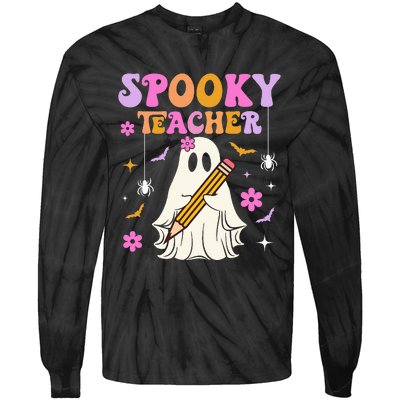 Groovy Spooky Teacher With Bat Ghost Funny Halloween Tie-Dye Long Sleeve Shirt