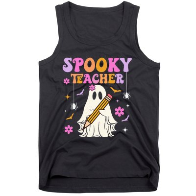 Groovy Spooky Teacher With Bat Ghost Funny Halloween Tank Top