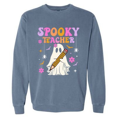 Groovy Spooky Teacher With Bat Ghost Funny Halloween Garment-Dyed Sweatshirt