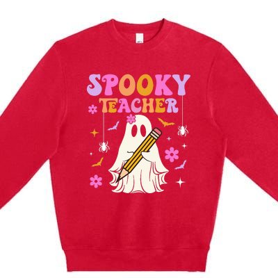 Groovy Spooky Teacher With Bat Ghost Funny Halloween Premium Crewneck Sweatshirt