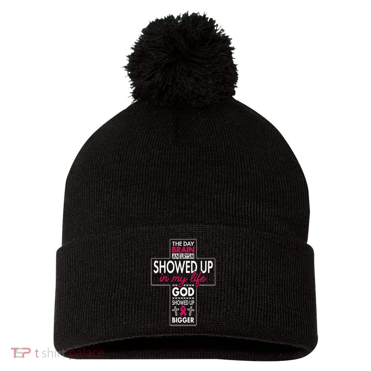 God Showed Up Brain Aneurysm Awareness Burgundy Aortic Pom Pom 12in Knit Beanie