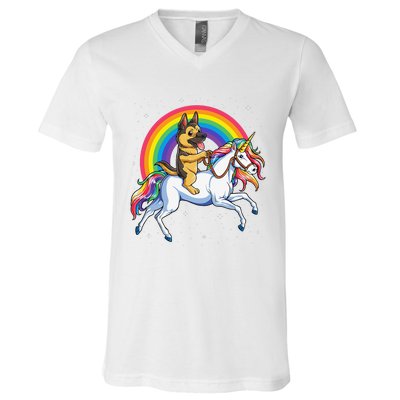 German Shepherd Unicorn Space Galaxy Rainbow V-Neck T-Shirt