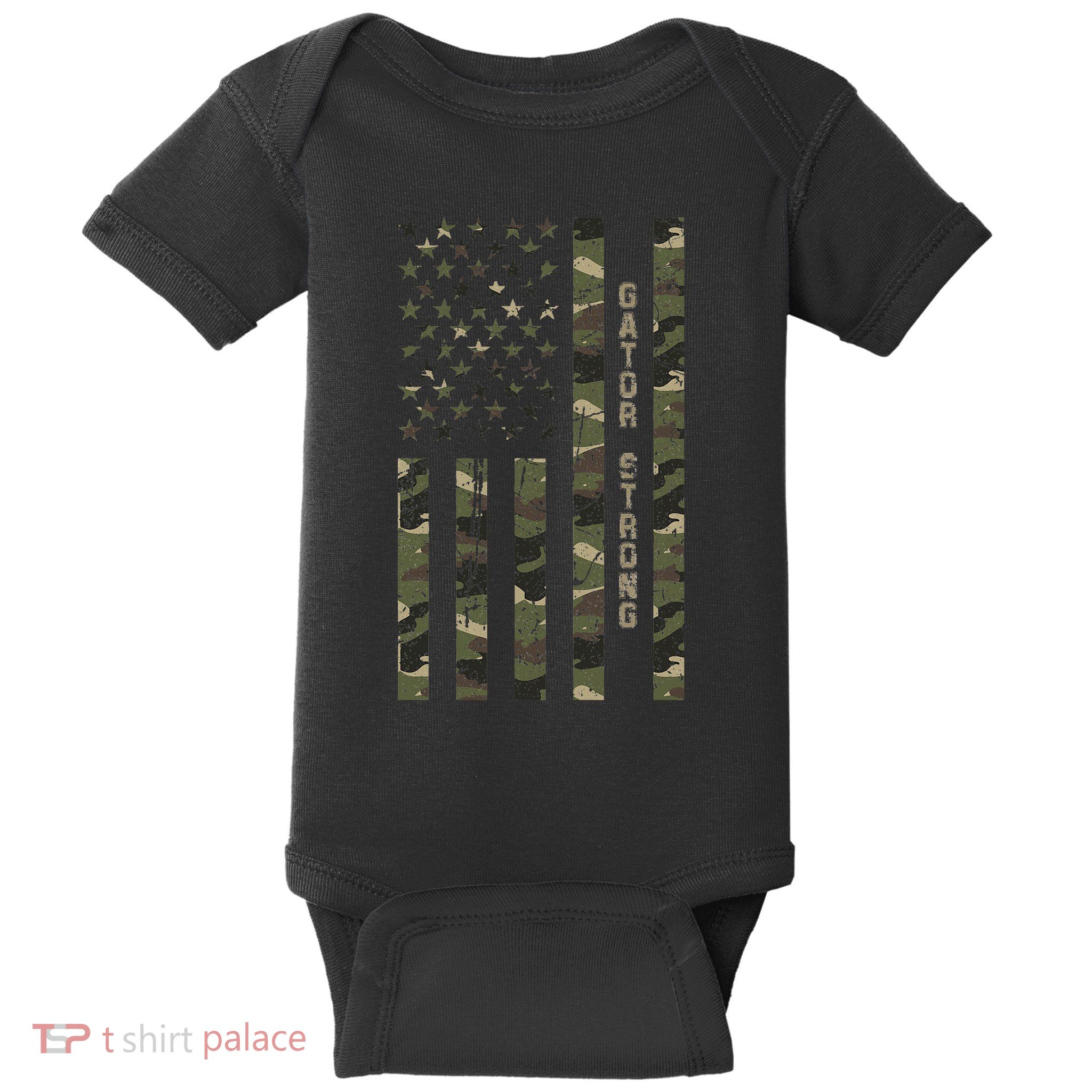Gator Strong United States Distressed Camo W Us Flag Baby Bodysuit