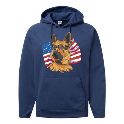 German Shepherd USA Flag Vintage Performance Fleece Hoodie