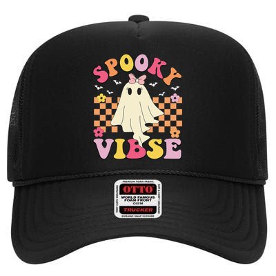 Groovy Spooky Vibes Halloween Ghost Spooky Season High Crown Mesh Back Trucker Hat