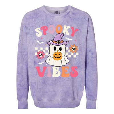 Groovy Spooky Vibes Retro Ghost Holding Pumpkin Halloween Colorblast Crewneck Sweatshirt