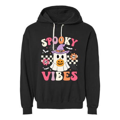 Groovy Spooky Vibes Retro Ghost Holding Pumpkin Halloween Garment-Dyed Fleece Hoodie