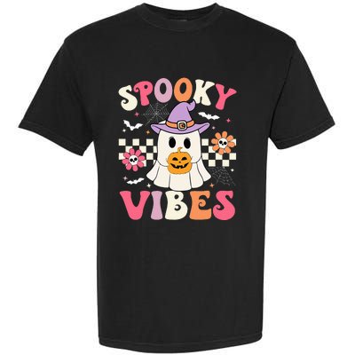 Groovy Spooky Vibes Retro Ghost Holding Pumpkin Halloween Garment-Dyed Heavyweight T-Shirt