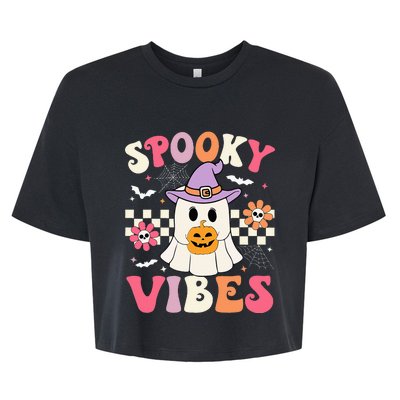 Groovy Spooky Vibes Retro Ghost Holding Pumpkin Halloween Bella+Canvas Jersey Crop Tee