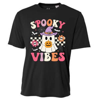 Groovy Spooky Vibes Retro Ghost Holding Pumpkin Halloween Cooling Performance Crew T-Shirt