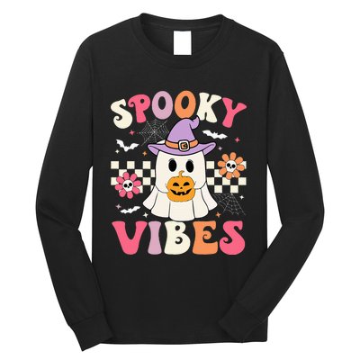 Groovy Spooky Vibes Retro Ghost Holding Pumpkin Halloween Long Sleeve Shirt